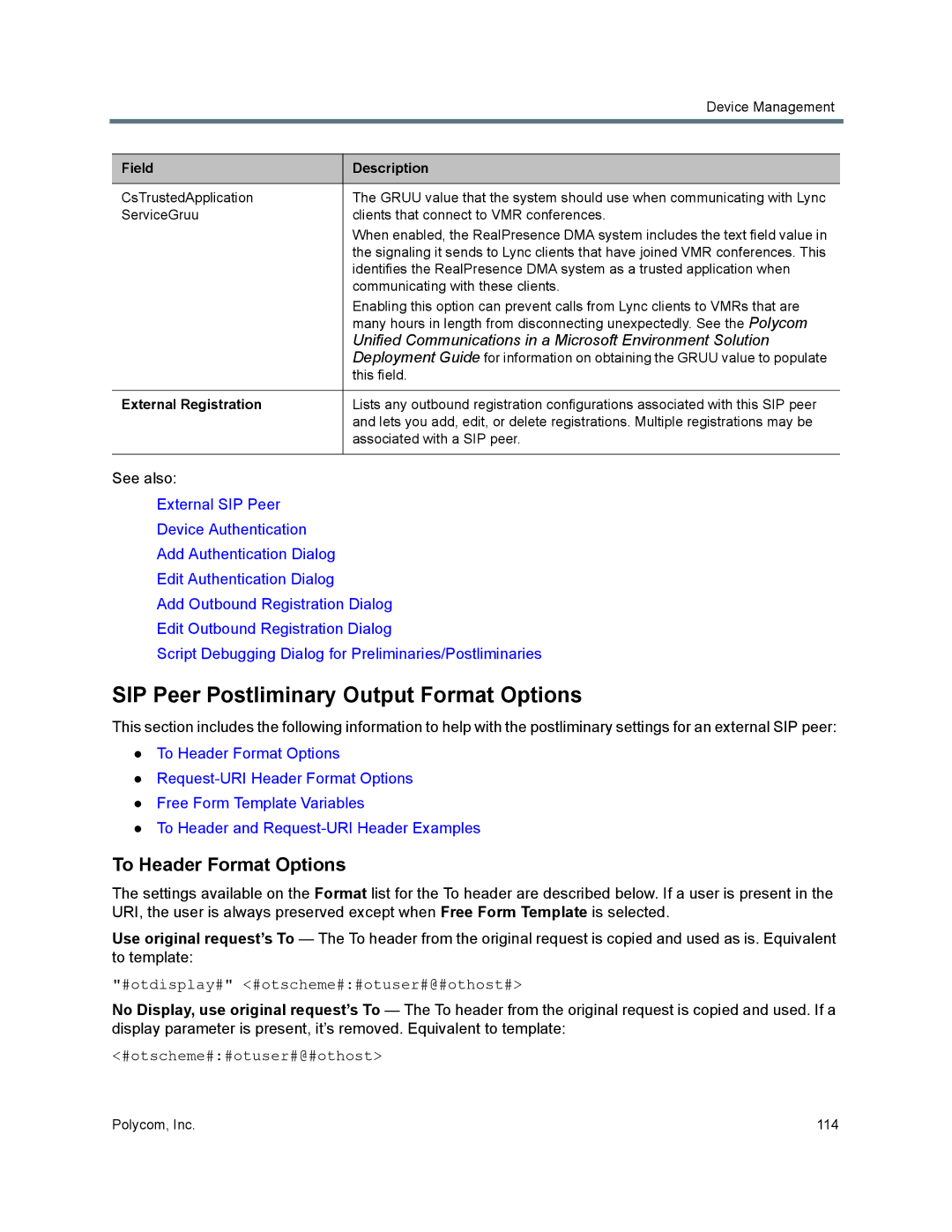 Polycom 7000 manual SIP Peer Postliminary Output Format Options, To Header Format Options, External Registration 