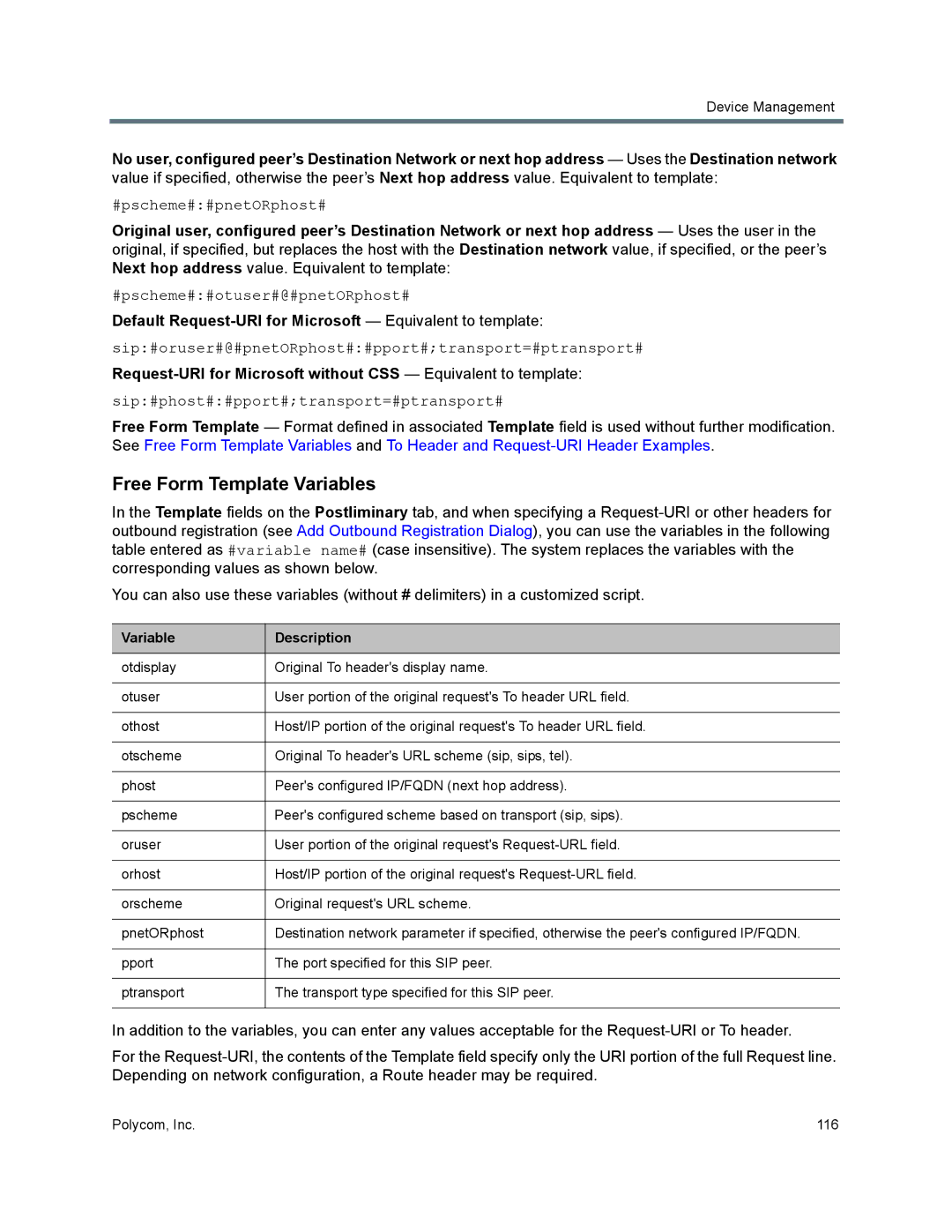 Polycom 7000 Free Form Template Variables, Default Request-URI for Microsoft Equivalent to template, Variable Description 