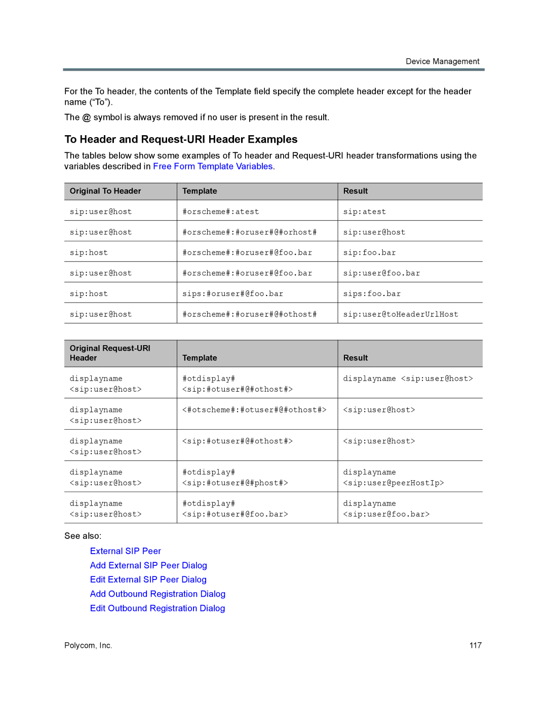 Polycom 7000 manual To Header and Request-URI Header Examples, Original To Header Template Result 