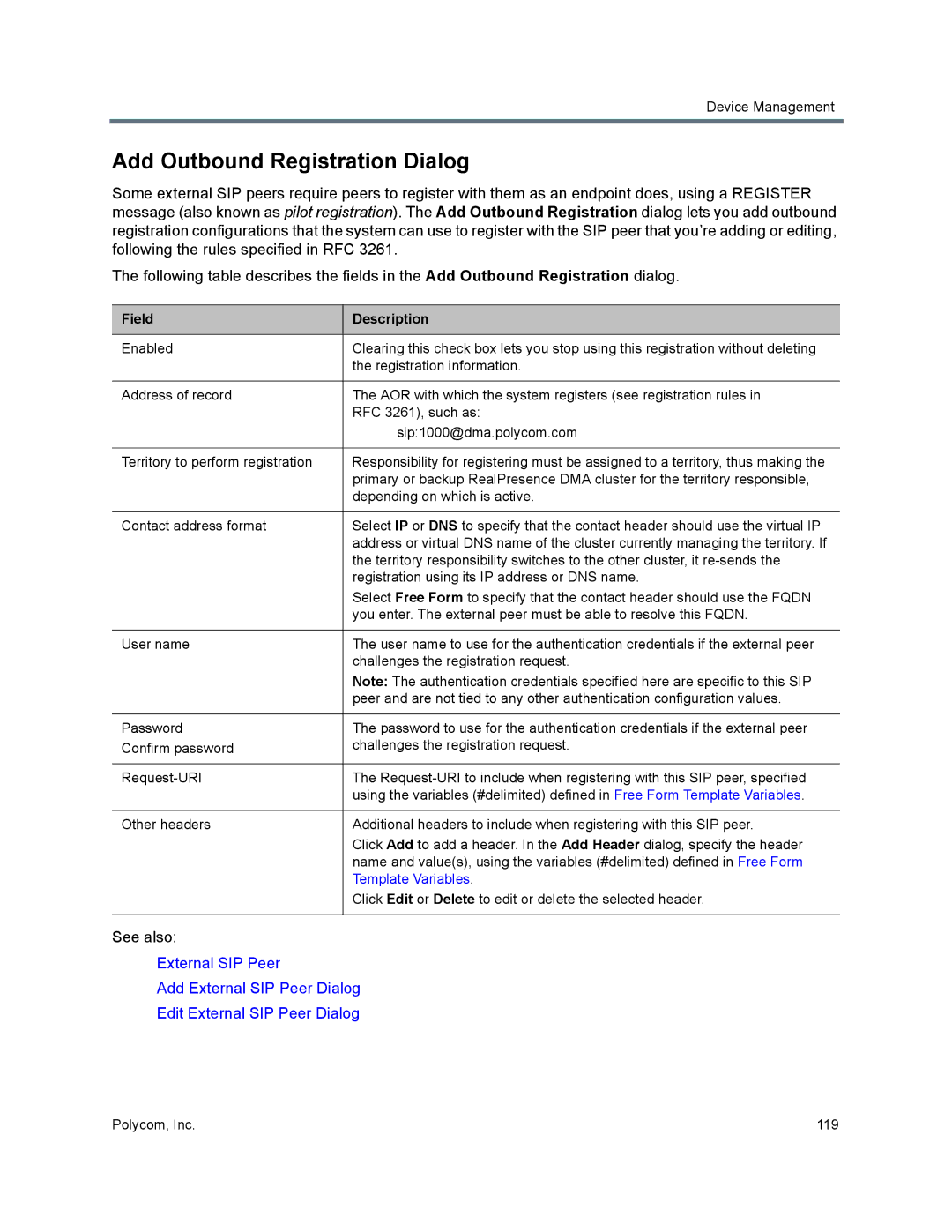 Polycom 7000 manual Add Outbound Registration Dialog, Template Variables 