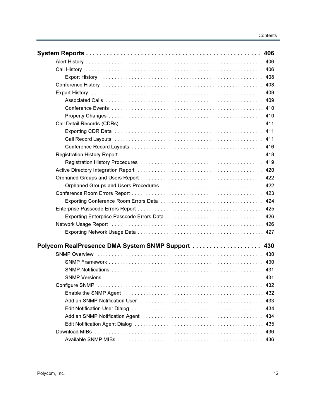 Polycom 7000 manual System Reports, Polycom RealPresence DMA System Snmp Support 