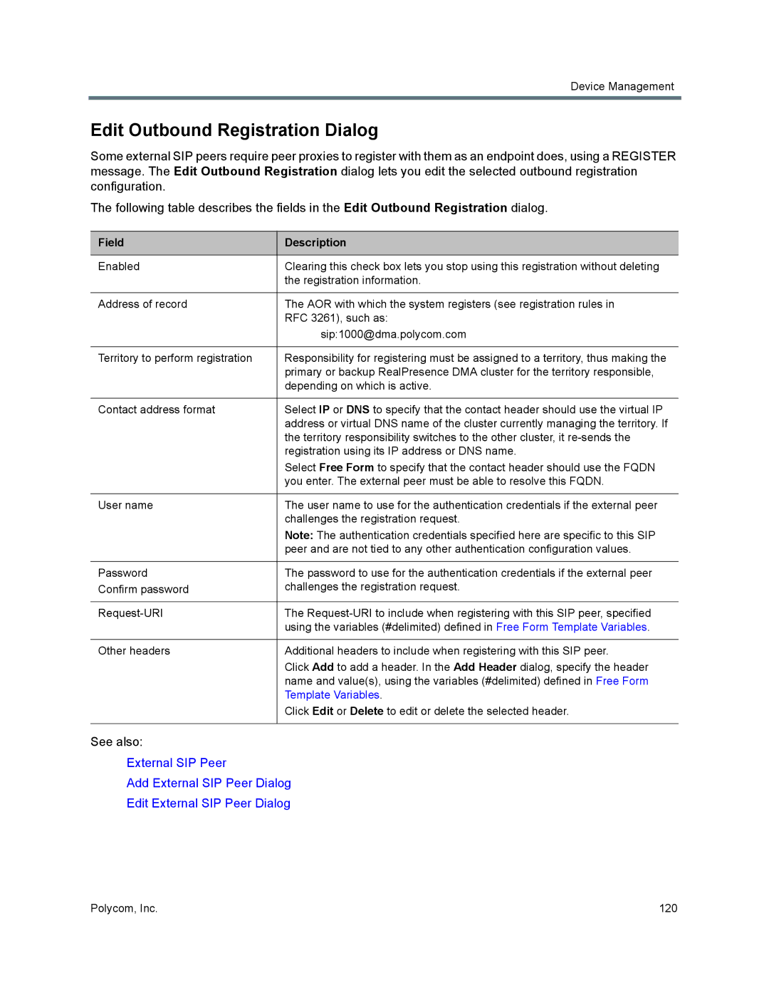 Polycom 7000 manual Edit Outbound Registration Dialog 