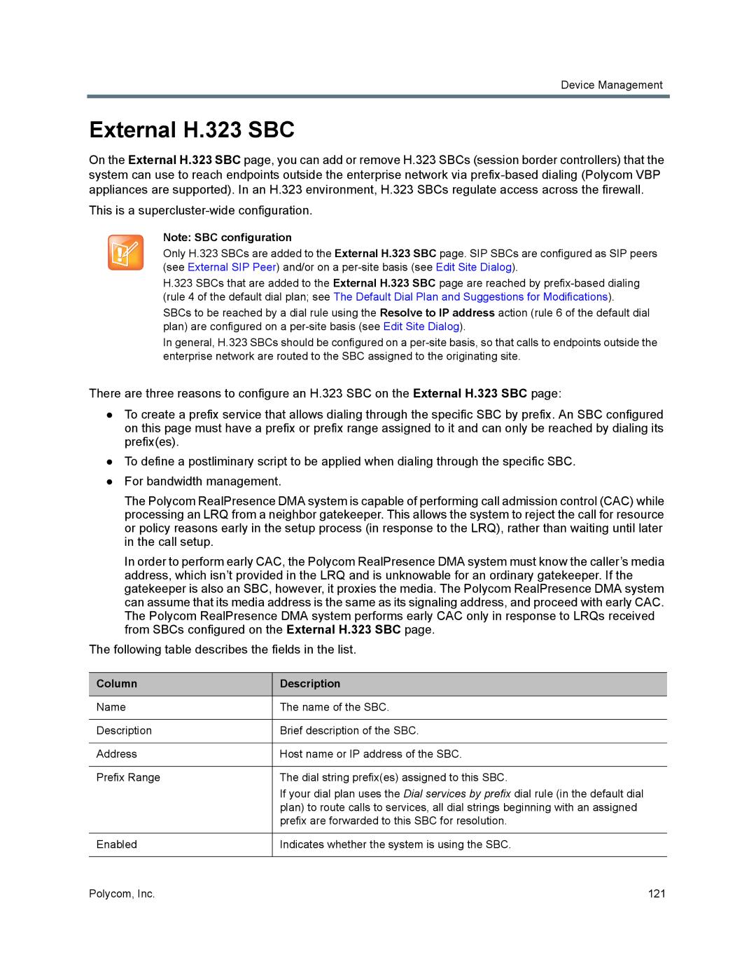 Polycom 7000 manual External H.323 SBC, Column Description 