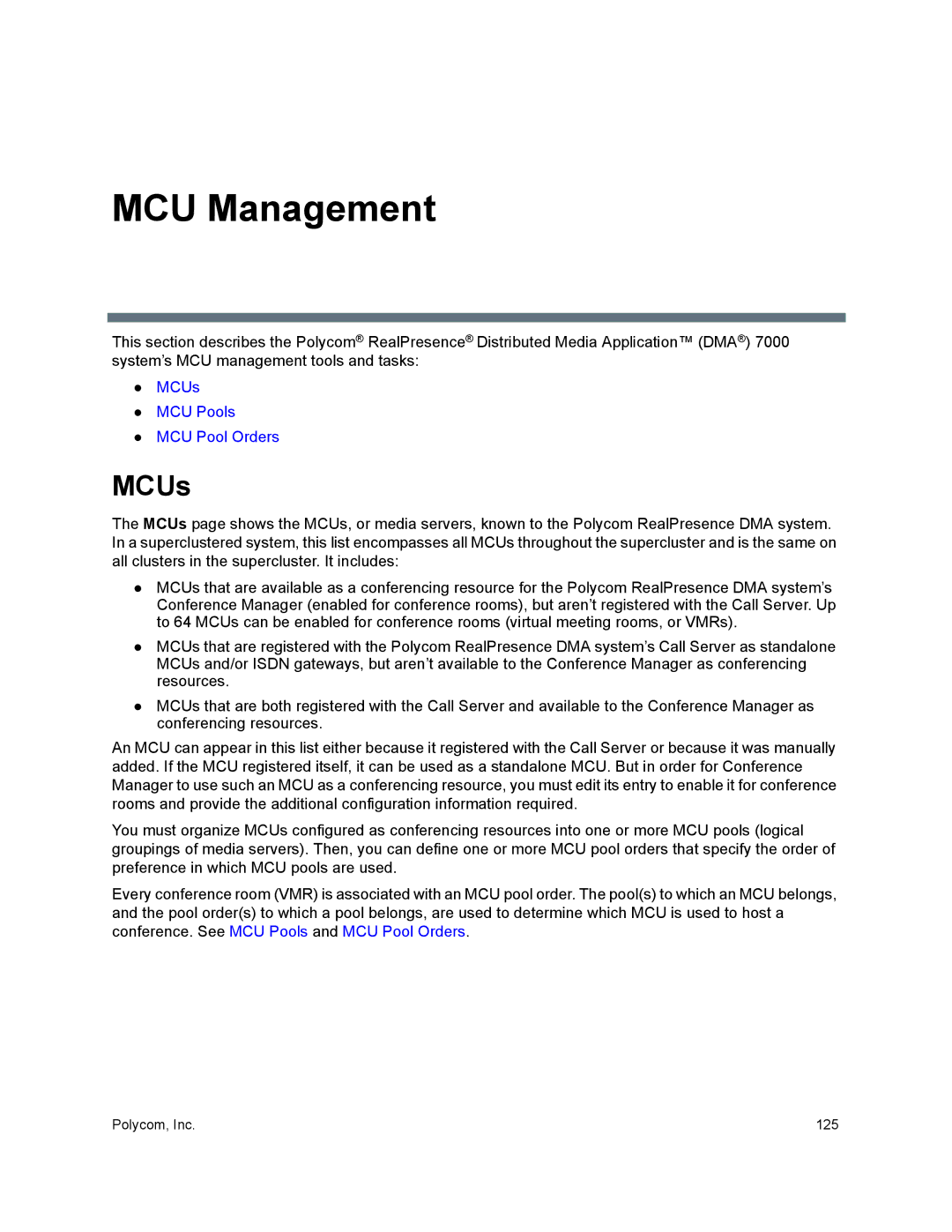 Polycom 7000 manual MCU Management, MCUs 