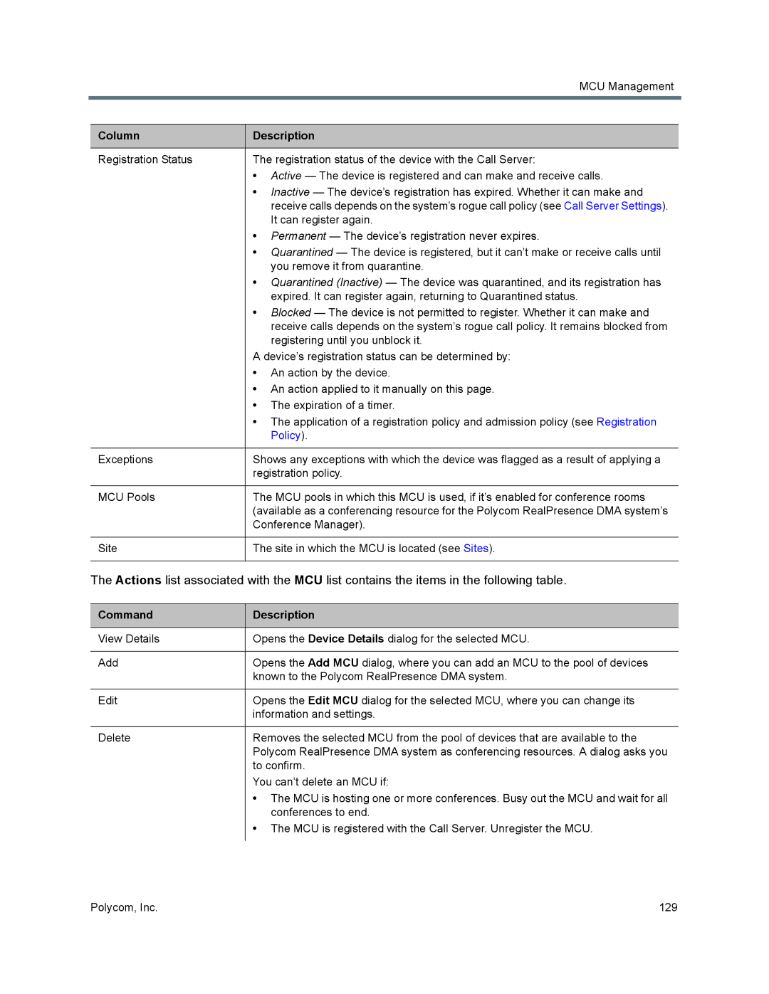 Polycom 7000 manual Policy, Command Description 