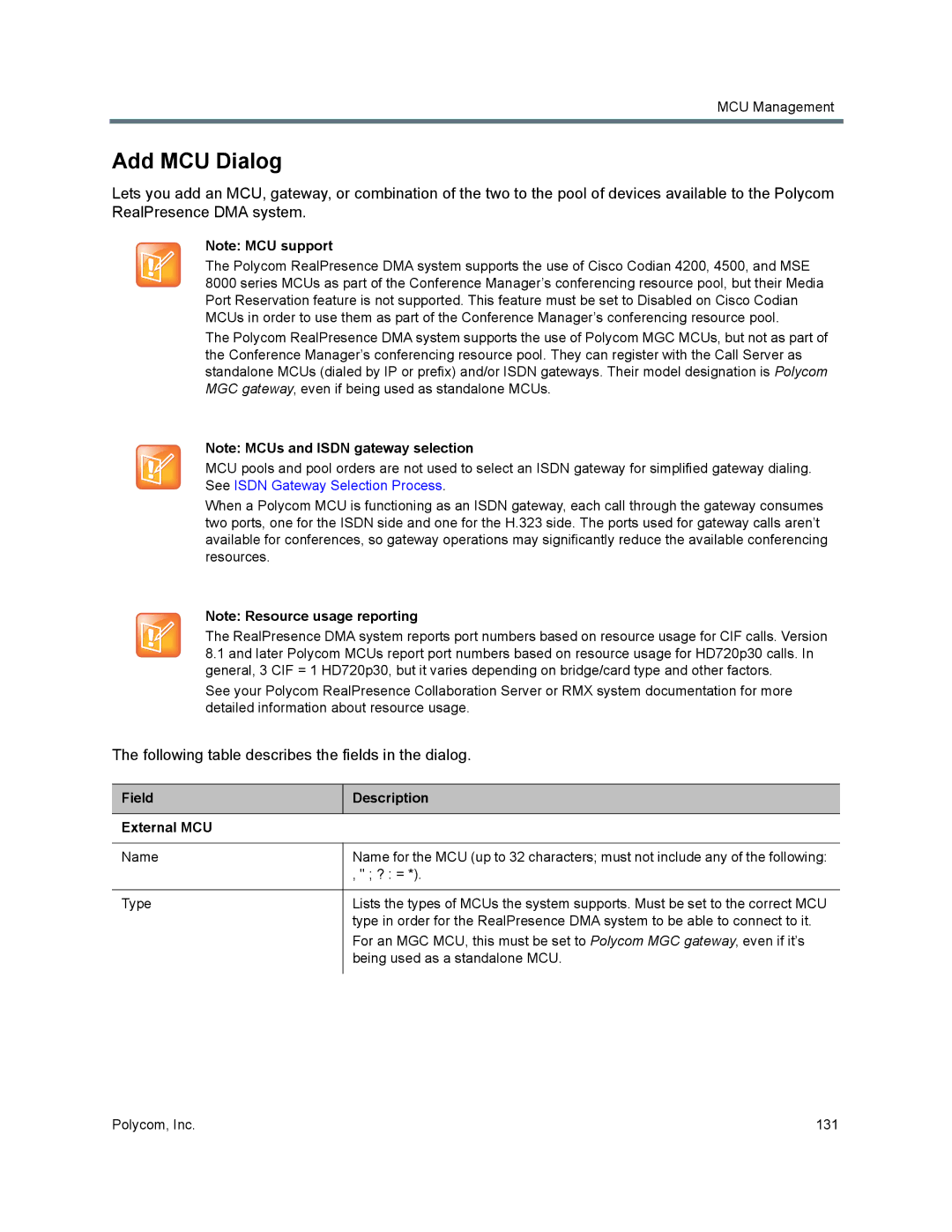 Polycom 7000 manual Add MCU Dialog, Field Description External MCU 