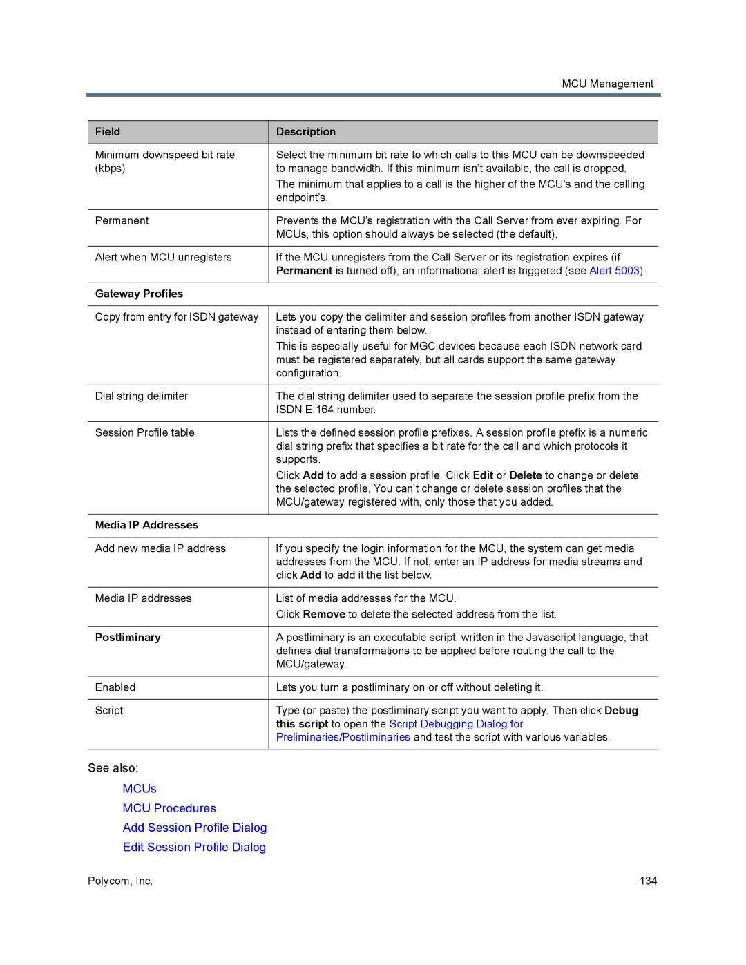 Polycom 7000 manual Gateway Profiles, Media IP Addresses 