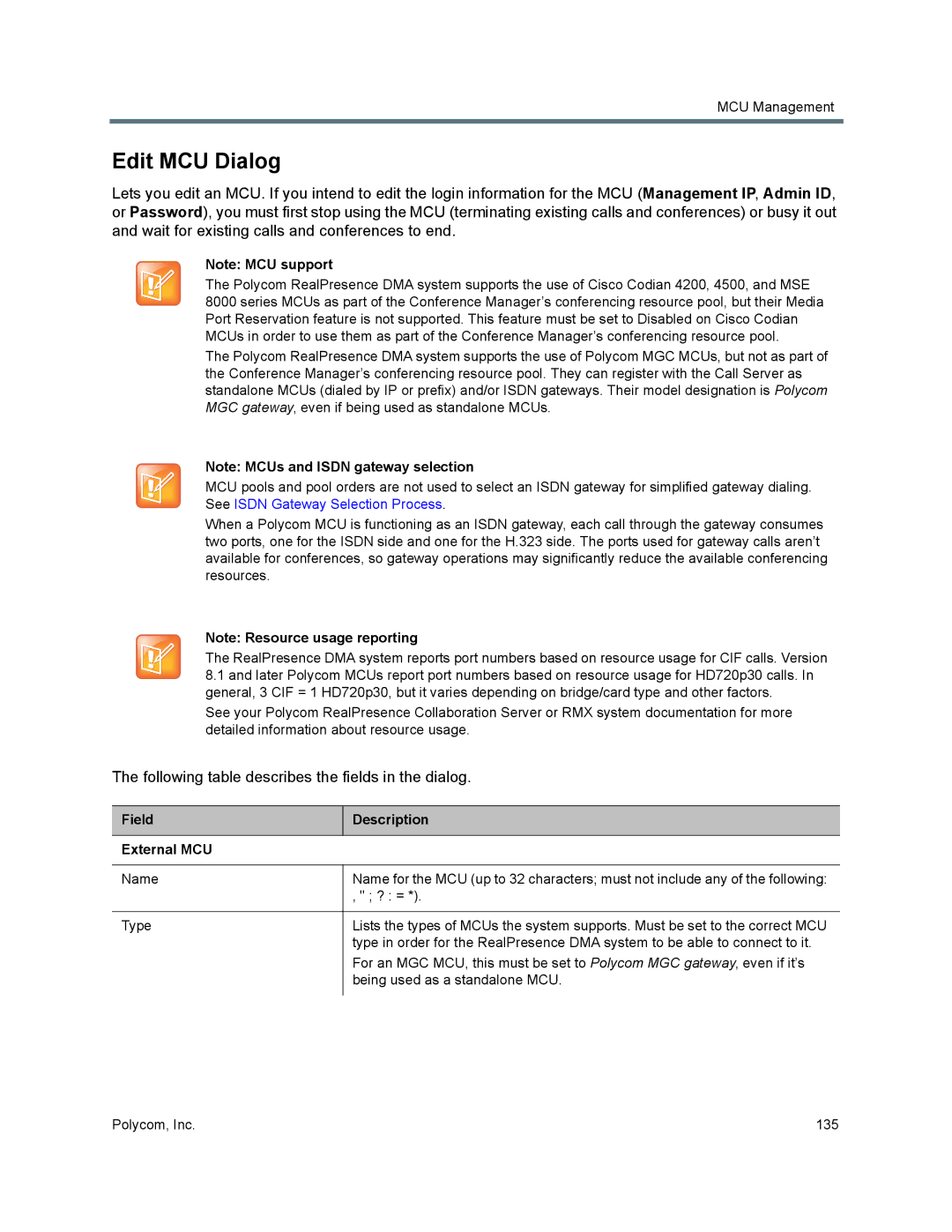 Polycom 7000 manual Edit MCU Dialog, Field Description External MCU 