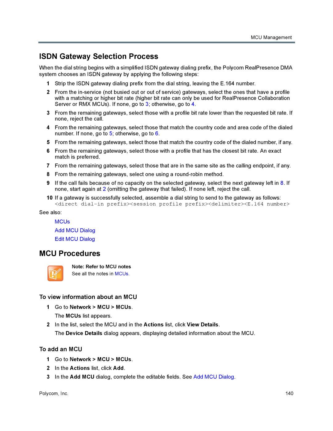 Polycom 7000 manual Isdn Gateway Selection Process, MCU Procedures, To view information about an MCU, To add an MCU 