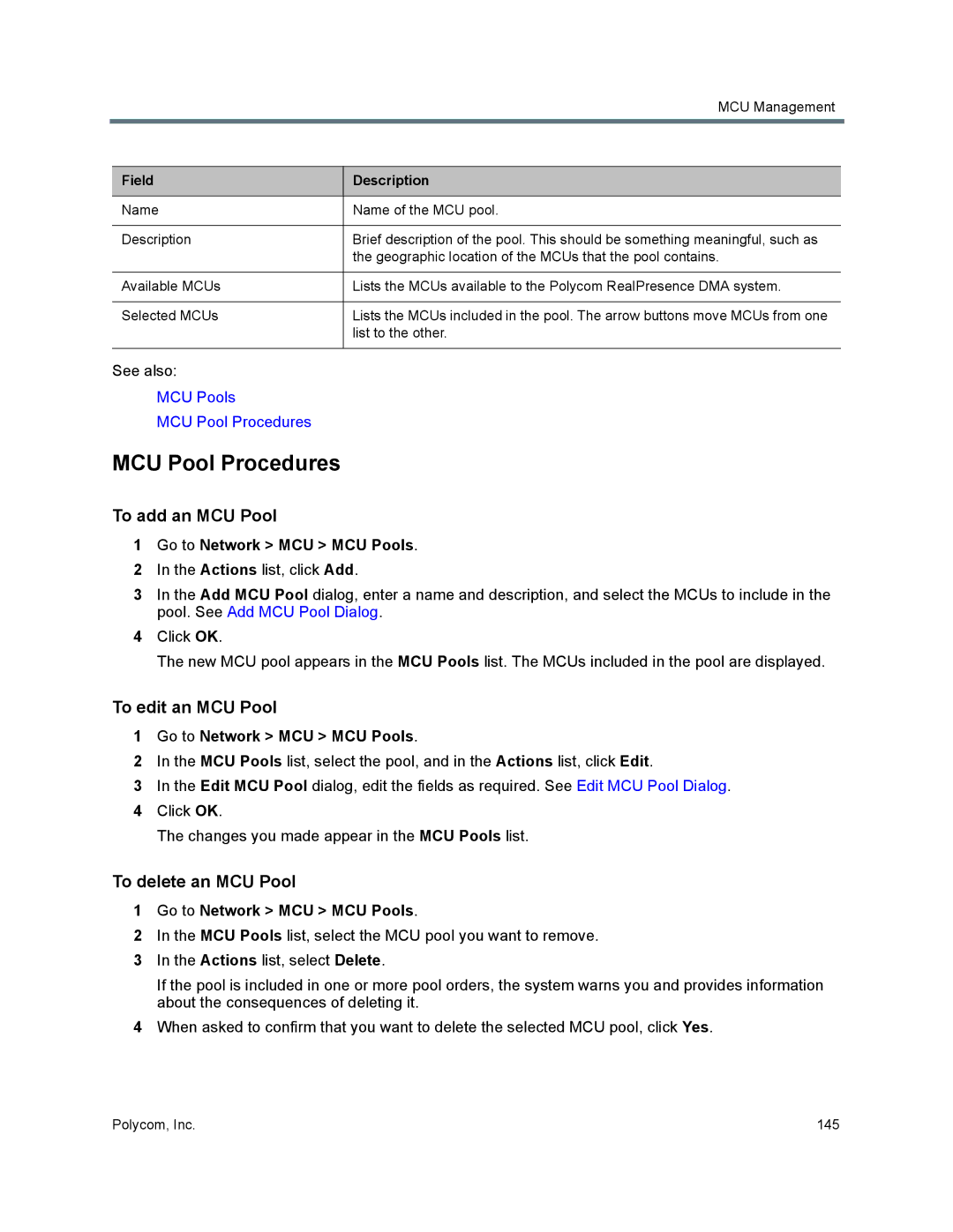 Polycom 7000 manual MCU Pool Procedures, To add an MCU Pool, To edit an MCU Pool, To delete an MCU Pool 