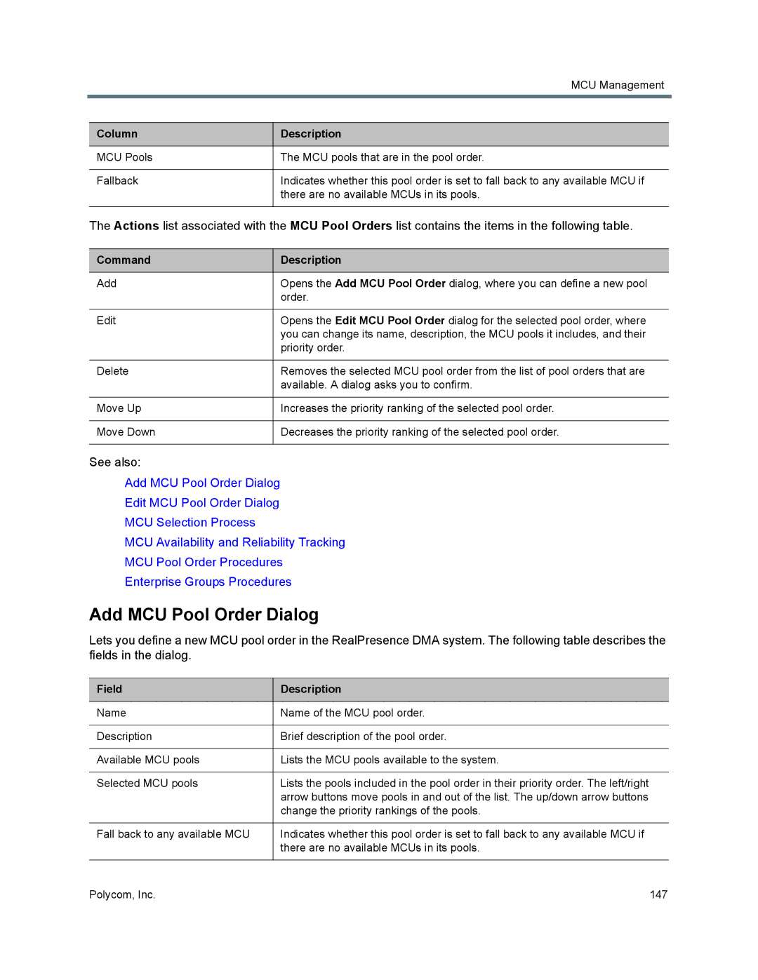 Polycom 7000 manual Add MCU Pool Order Dialog, Command Description 