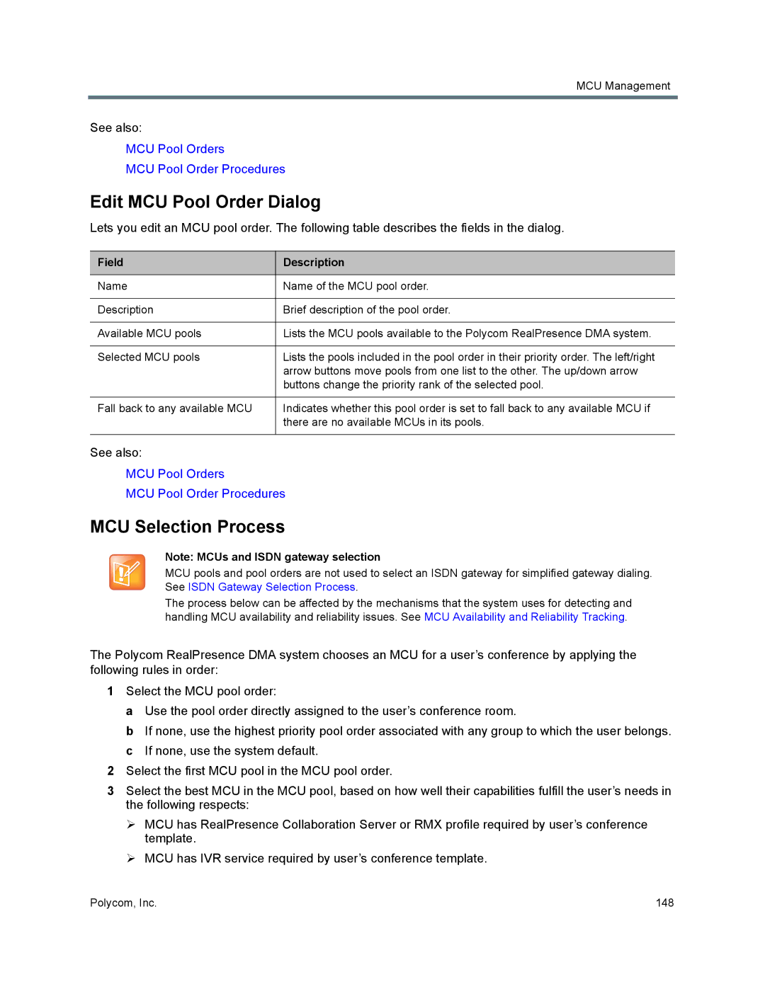 Polycom 7000 manual Edit MCU Pool Order Dialog, MCU Selection Process 