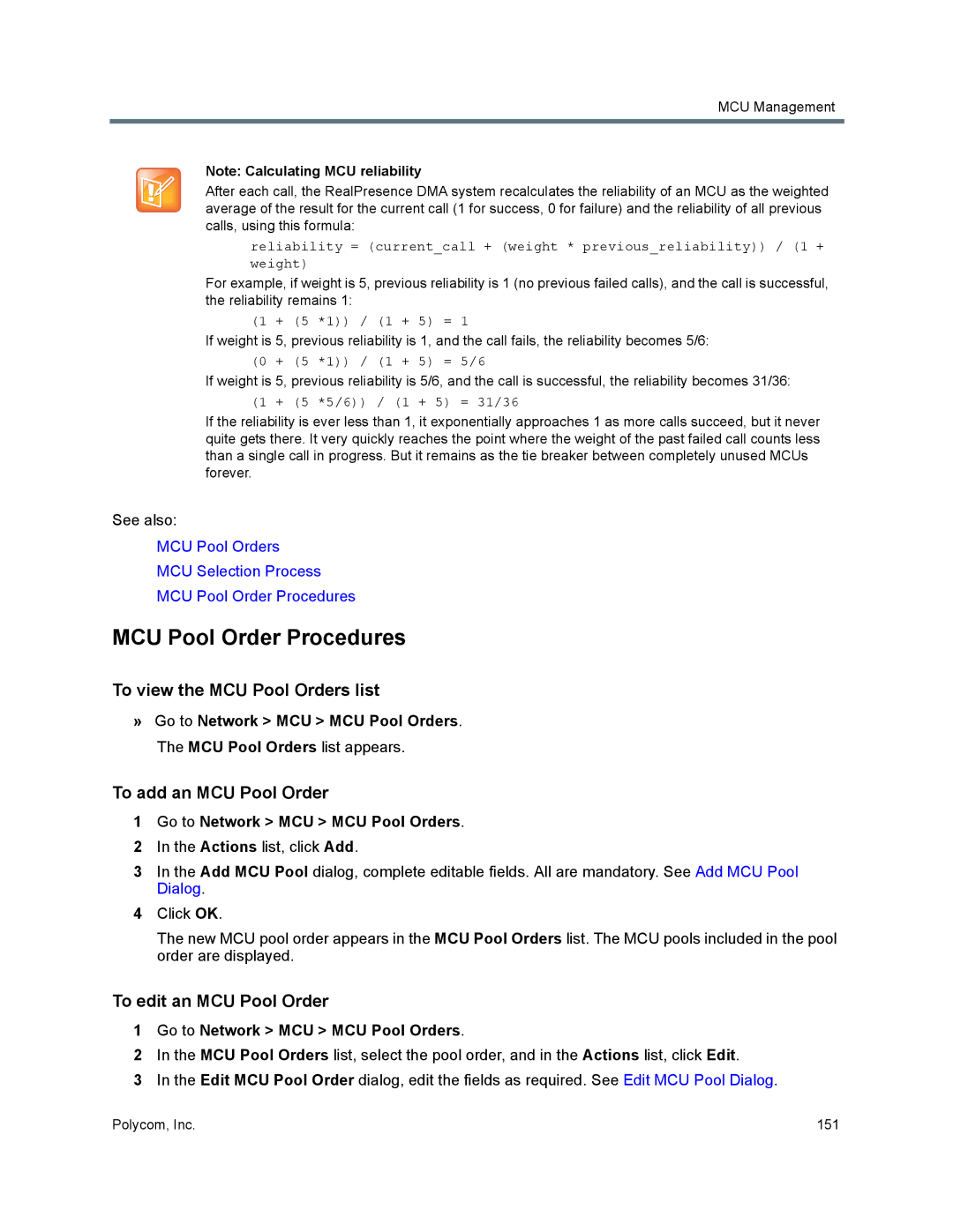 Polycom 7000 manual MCU Pool Order Procedures, To view the MCU Pool Orders list, To add an MCU Pool Order 