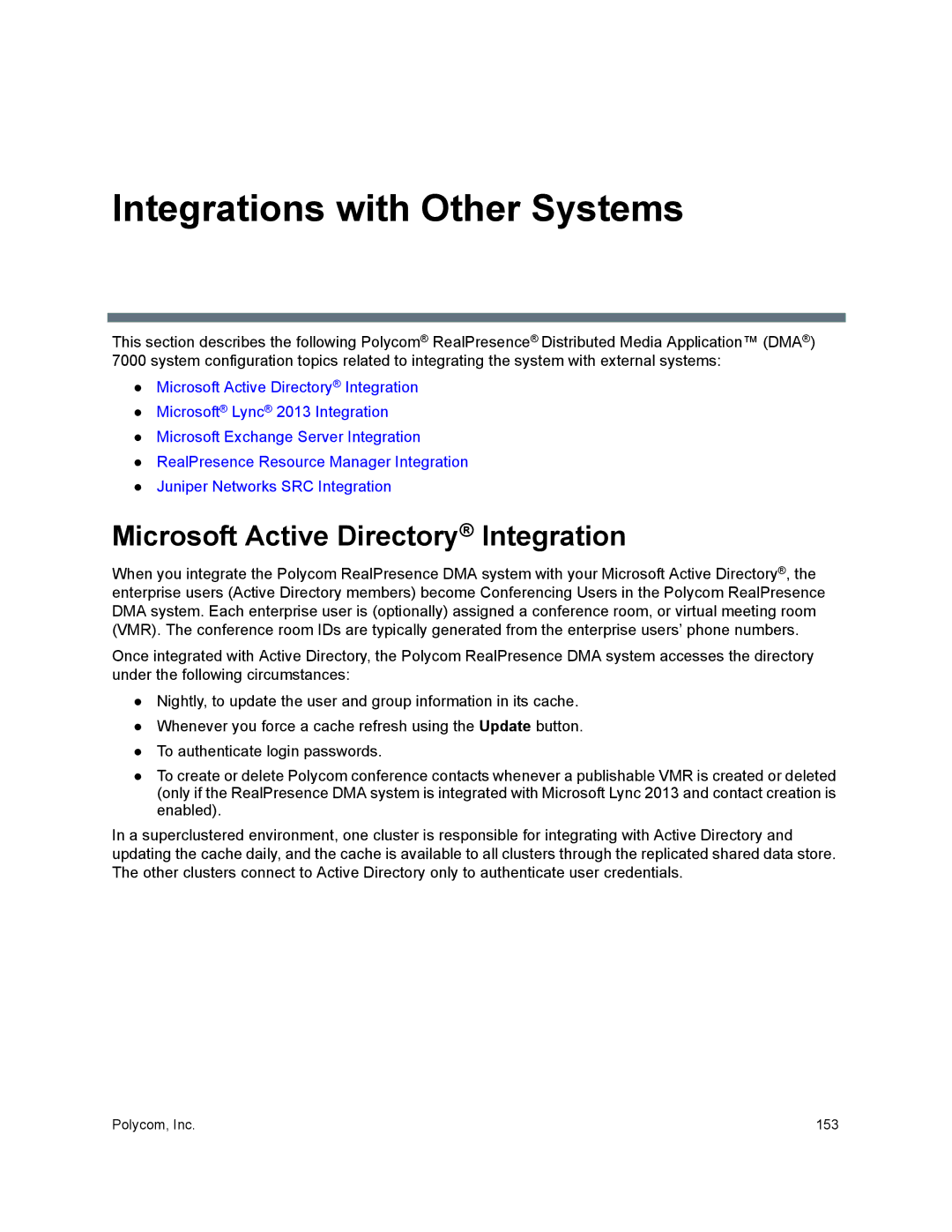 Polycom 7000 manual Integrations with Other Systems, Microsoft Active Directory Integration 