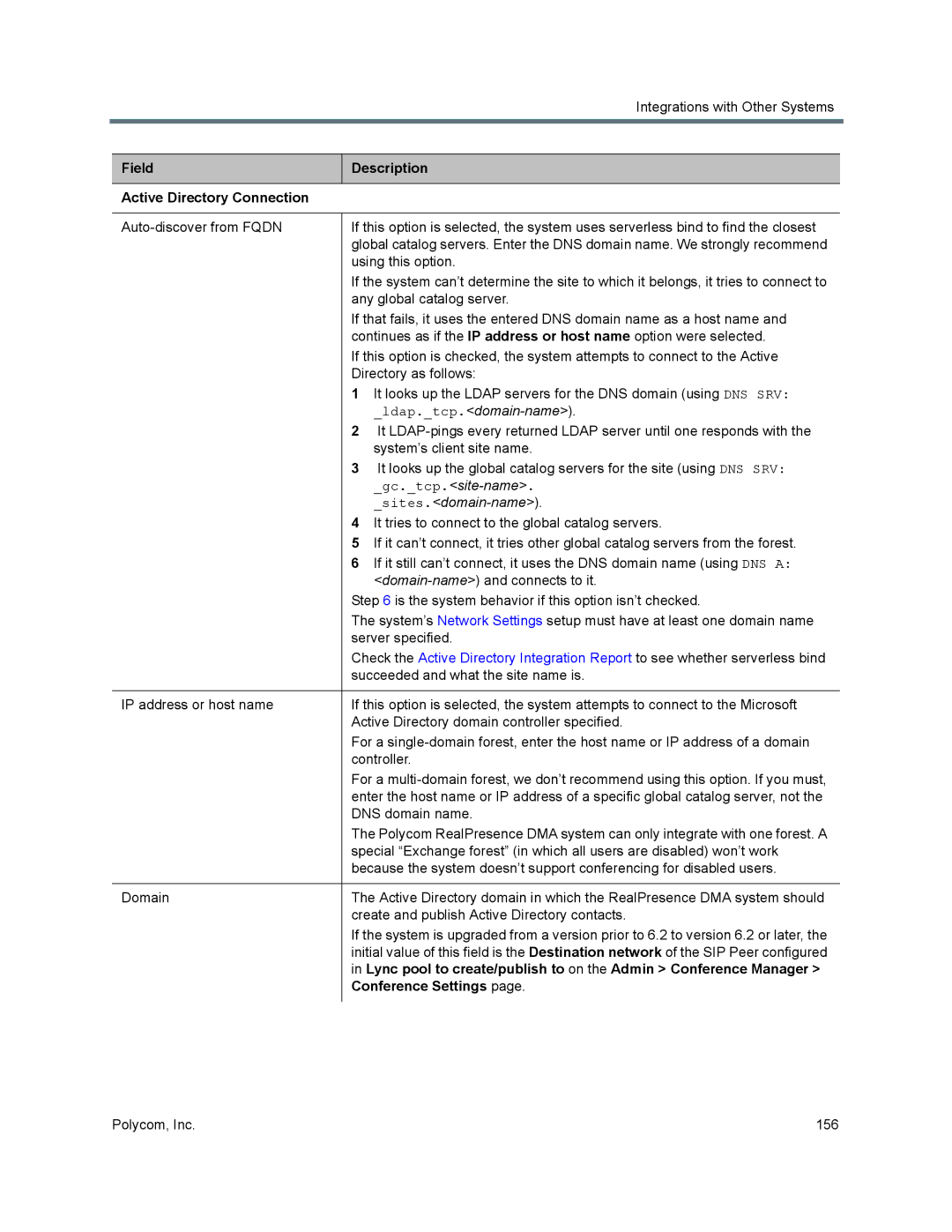 Polycom 7000 manual Field Description Active Directory Connection, Conference Settings 