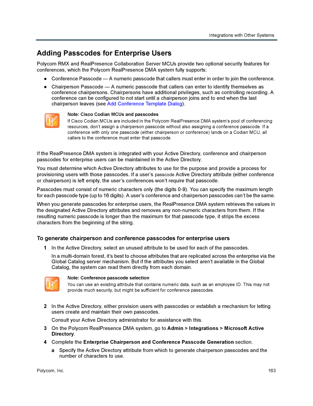 Polycom 7000 manual Adding Passcodes for Enterprise Users 