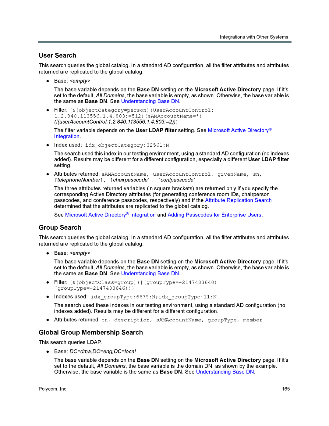 Polycom 7000 manual User Search, Group Search, Global Group Membership Search 