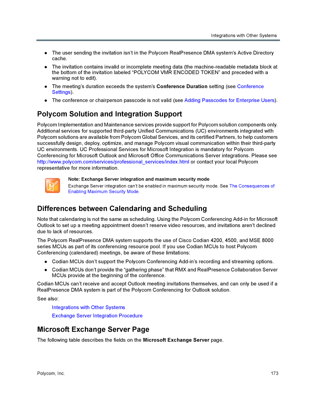 Polycom 7000 manual Polycom Solution and Integration Support, Differences between Calendaring and Scheduling 