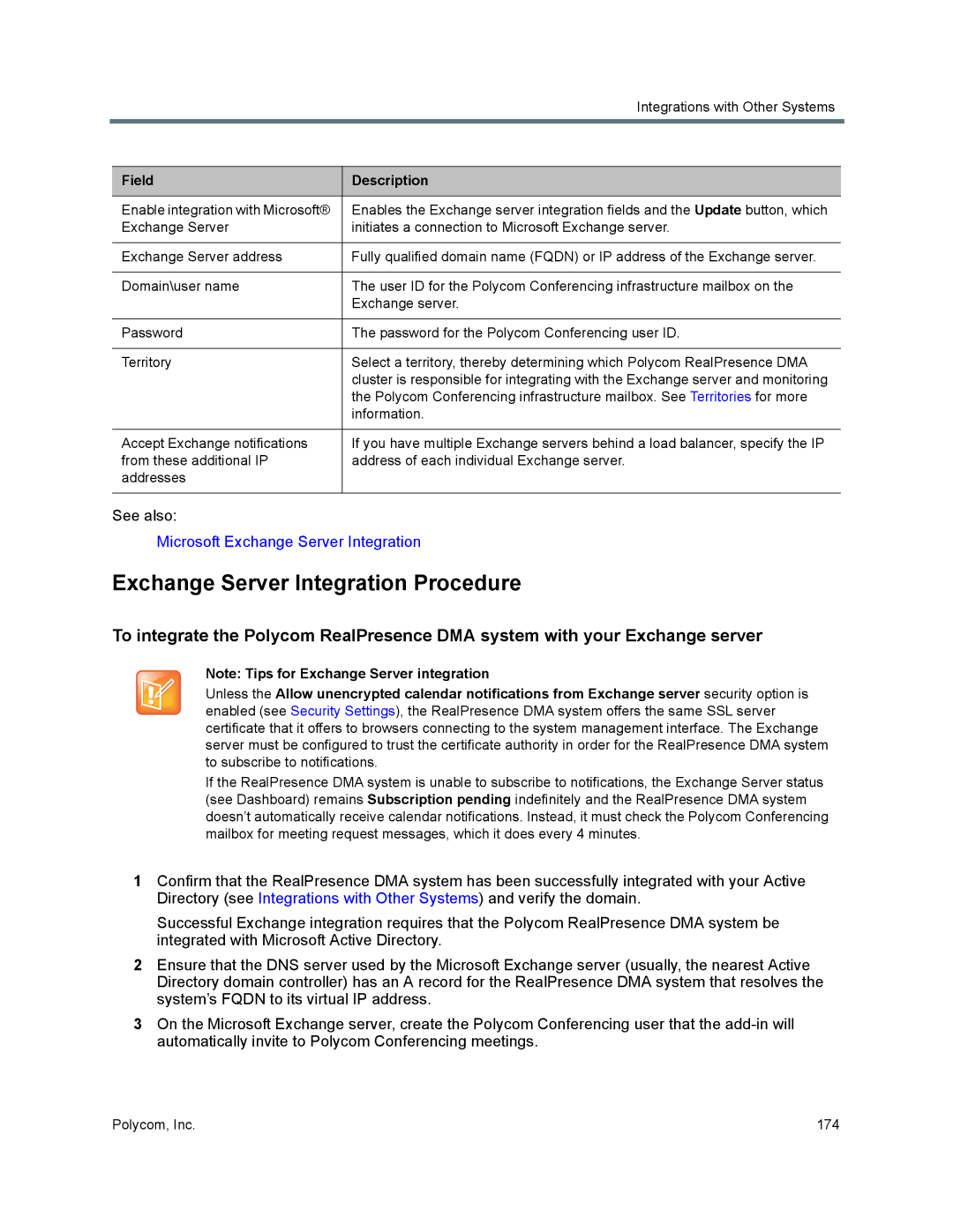 Polycom 7000 manual Exchange Server Integration Procedure, Field Description 