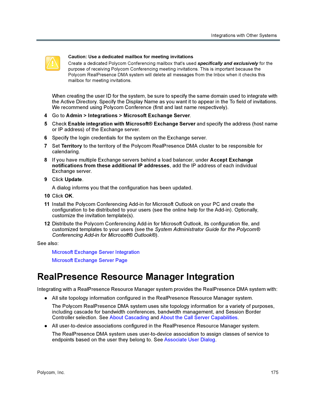 Polycom 7000 manual RealPresence Resource Manager Integration 