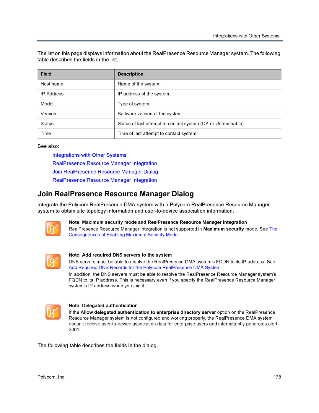 Polycom 7000 manual Join RealPresence Resource Manager Dialog, Field Description 