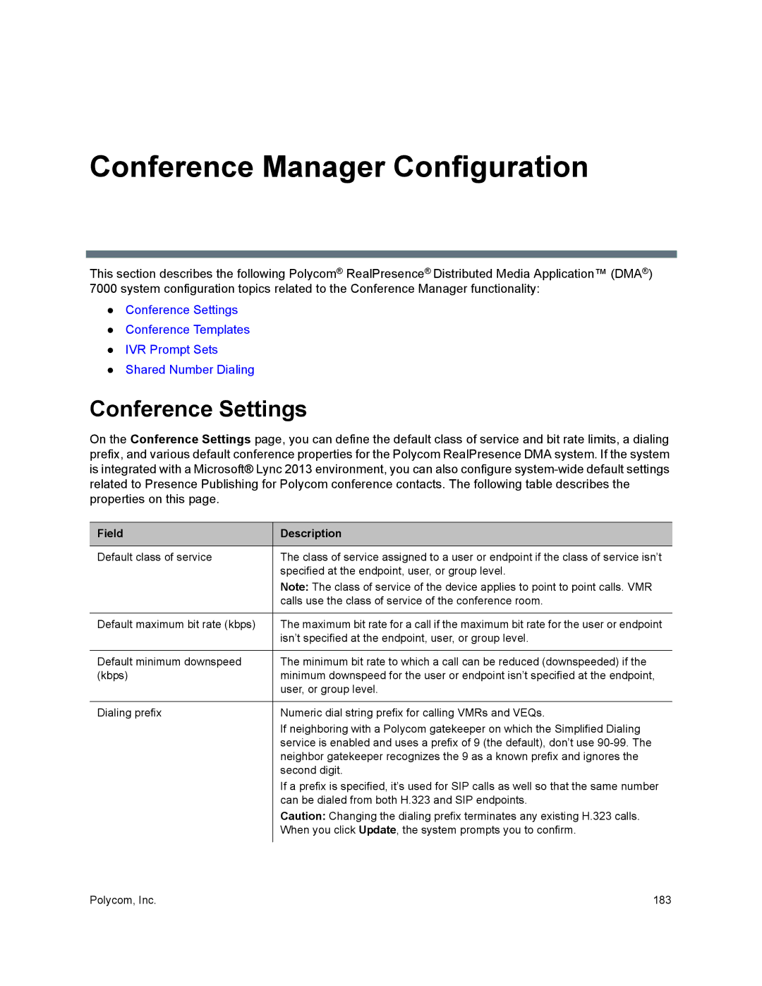 Polycom 7000 manual Conference Manager Configuration, Conference Settings 