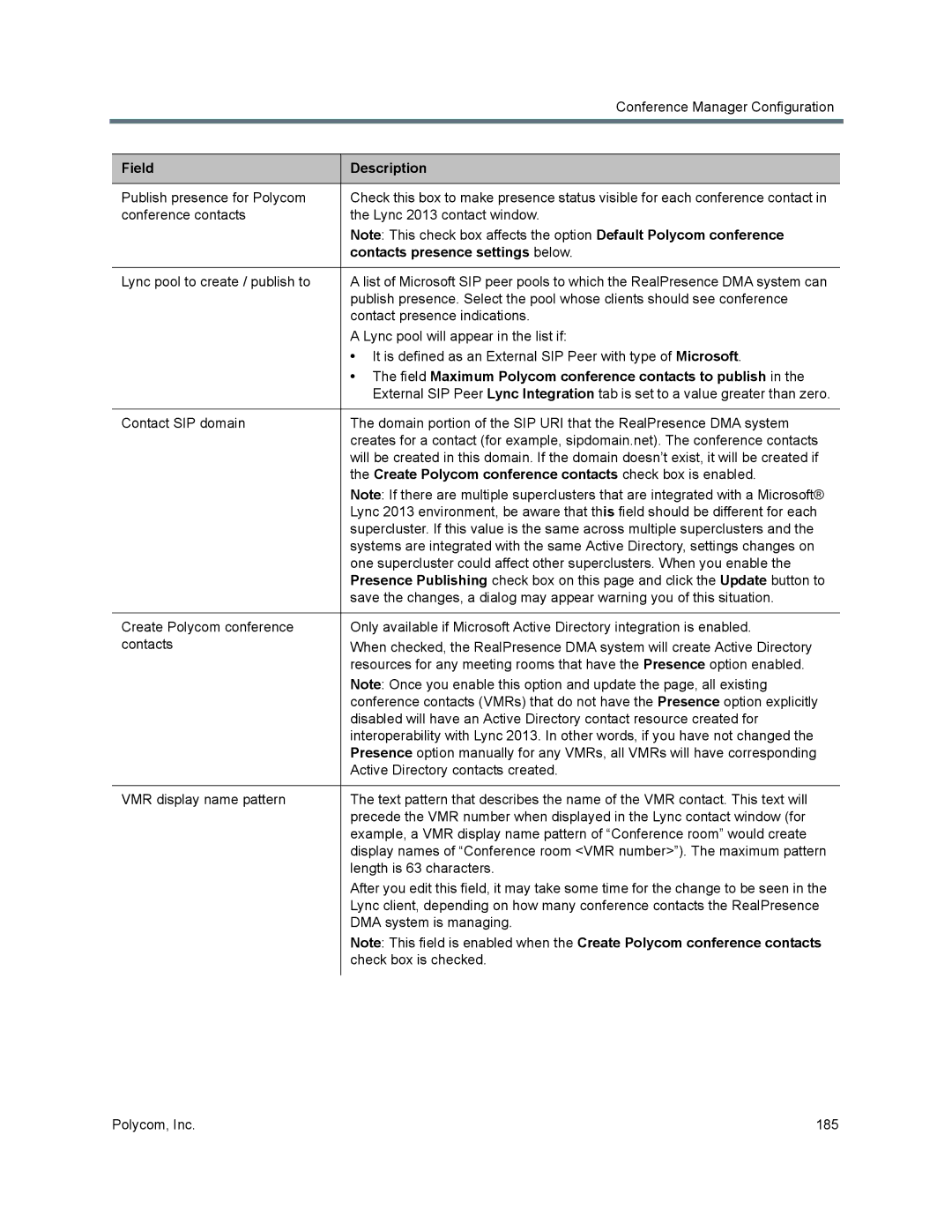 Polycom 7000 manual Contacts presence settings below, Field Maximum Polycom conference contacts to publish 