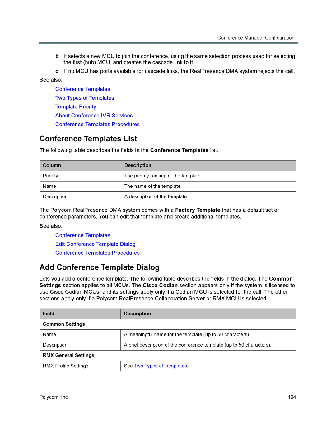 Polycom 7000 manual Conference Templates List, Add Conference Template Dialog, Field Description Common Settings 