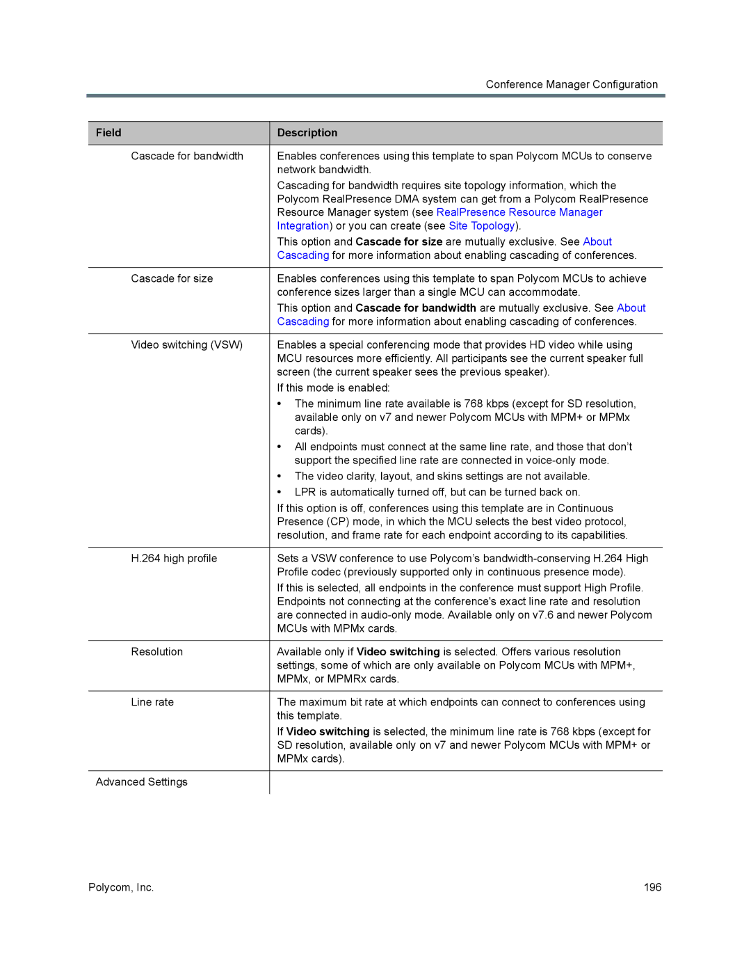 Polycom 7000 manual Cascade for bandwidth 