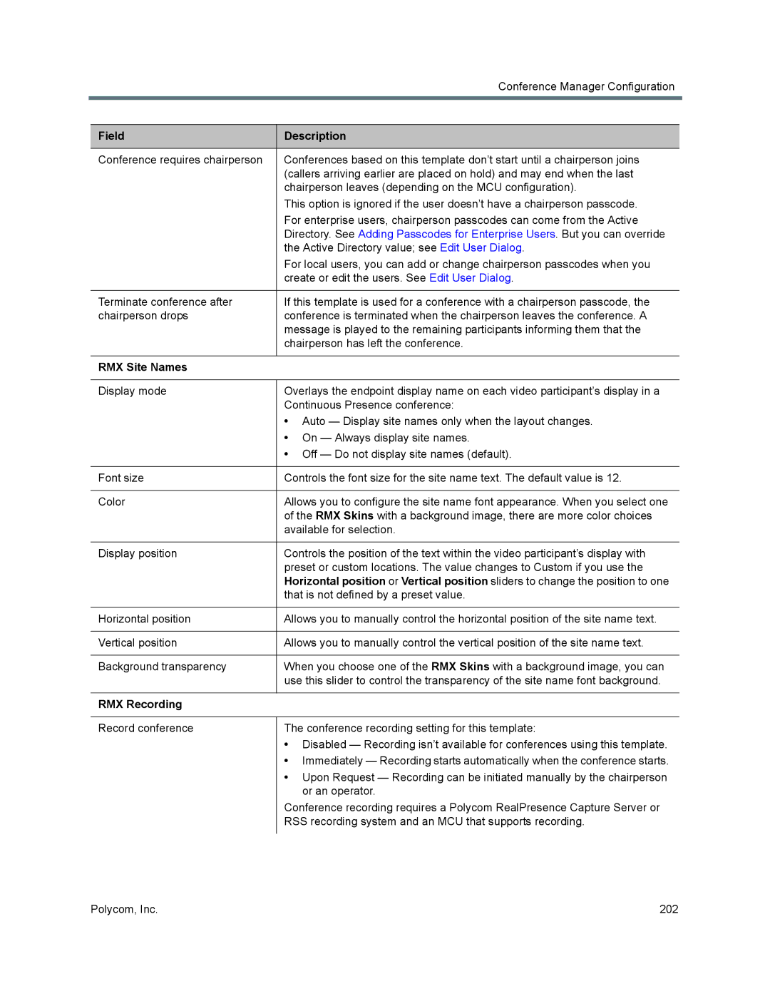 Polycom 7000 manual RMX Site Names, RMX Recording 