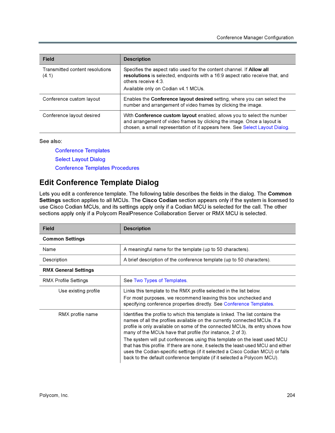 Polycom 7000 manual Edit Conference Template Dialog, Field Description Common Settings 