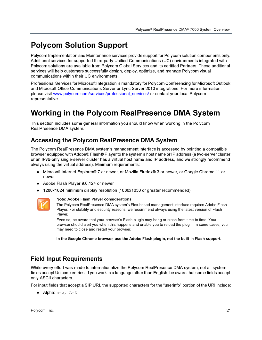 Polycom 7000 manual Polycom Solution Support, Working in the Polycom RealPresence DMA System, Field Input Requirements 