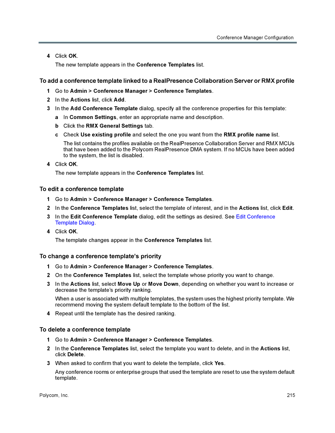 Polycom 7000 To edit a conference template, To change a conference template’s priority, To delete a conference template 