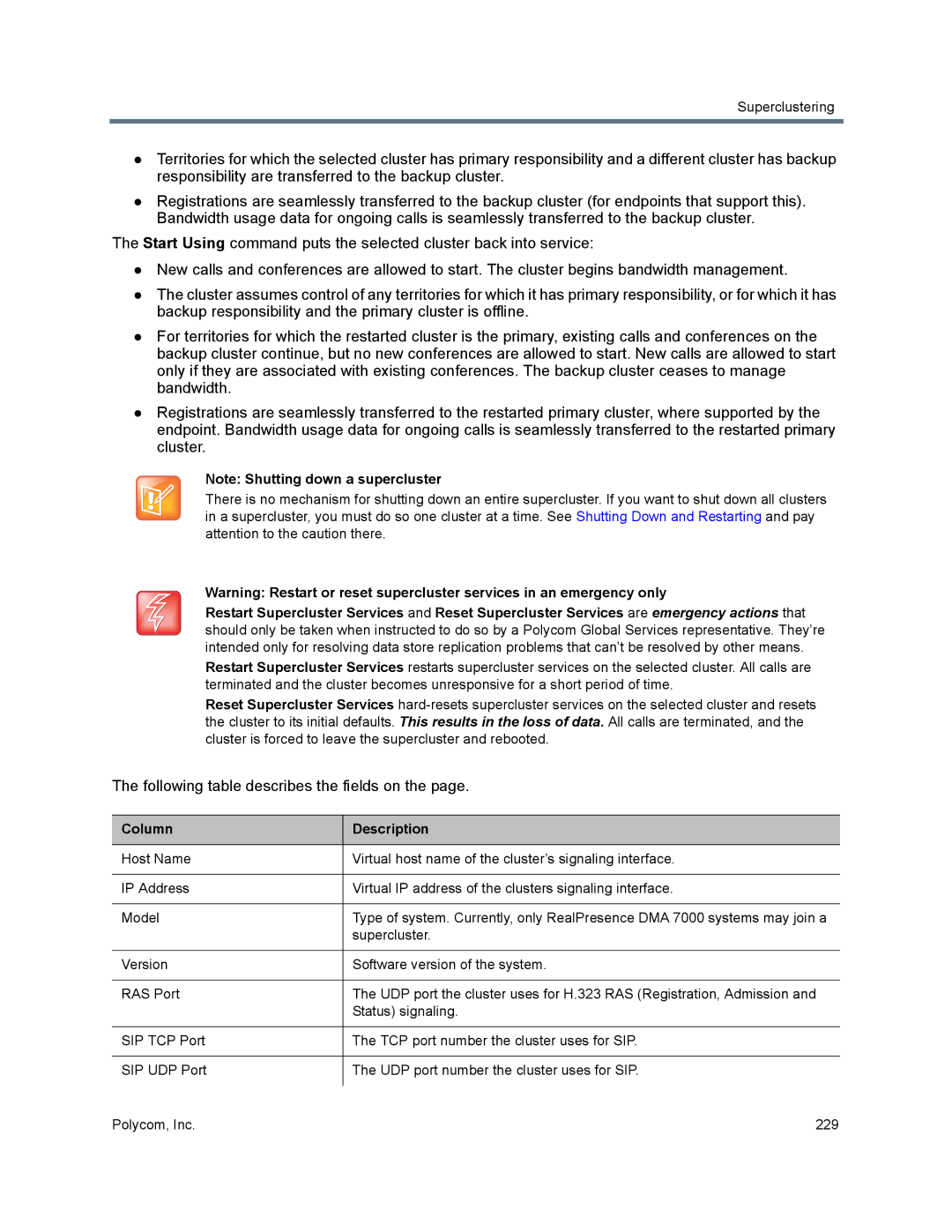 Polycom 7000 manual Following table describes the fields on 