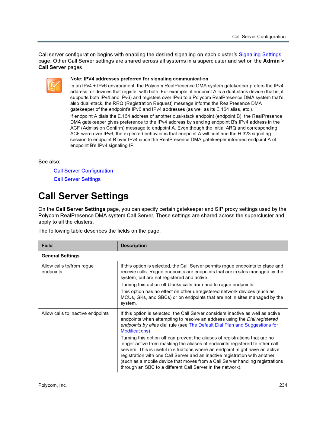 Polycom 7000 manual Call Server Settings, Field Description General Settings, Modifications 