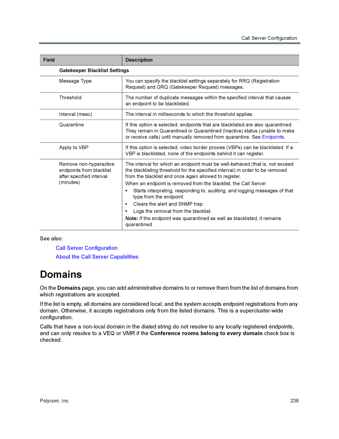 Polycom 7000 manual Domains, Field Description Gatekeeper Blacklist Settings 