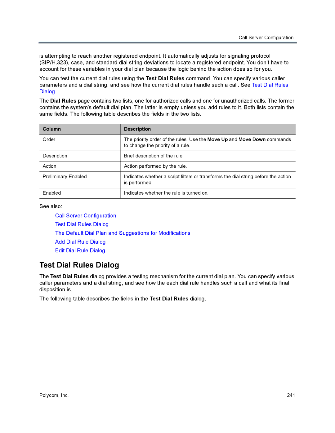 Polycom 7000 manual Test Dial Rules Dialog, Column Description 