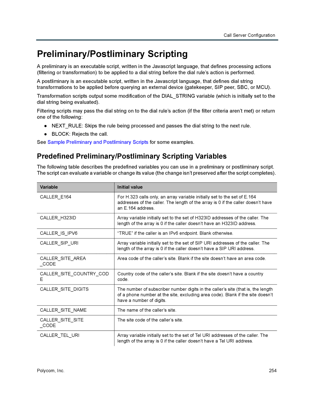 Polycom 7000 manual Predefined Preliminary/Postliminary Scripting Variables, Variable Initial value 