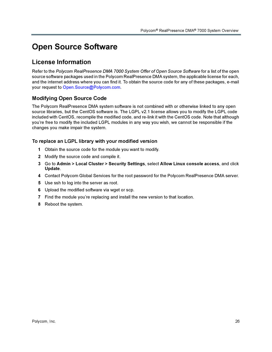 Polycom 7000 manual Open Source Software, License Information, Modifying Open Source Code 