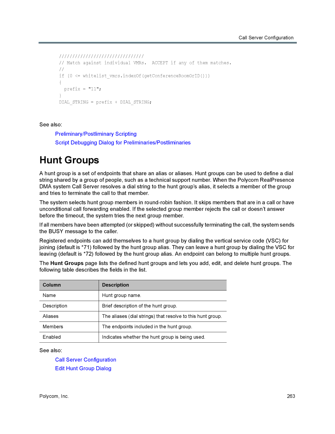 Polycom 7000 manual Hunt Groups, Column Description 