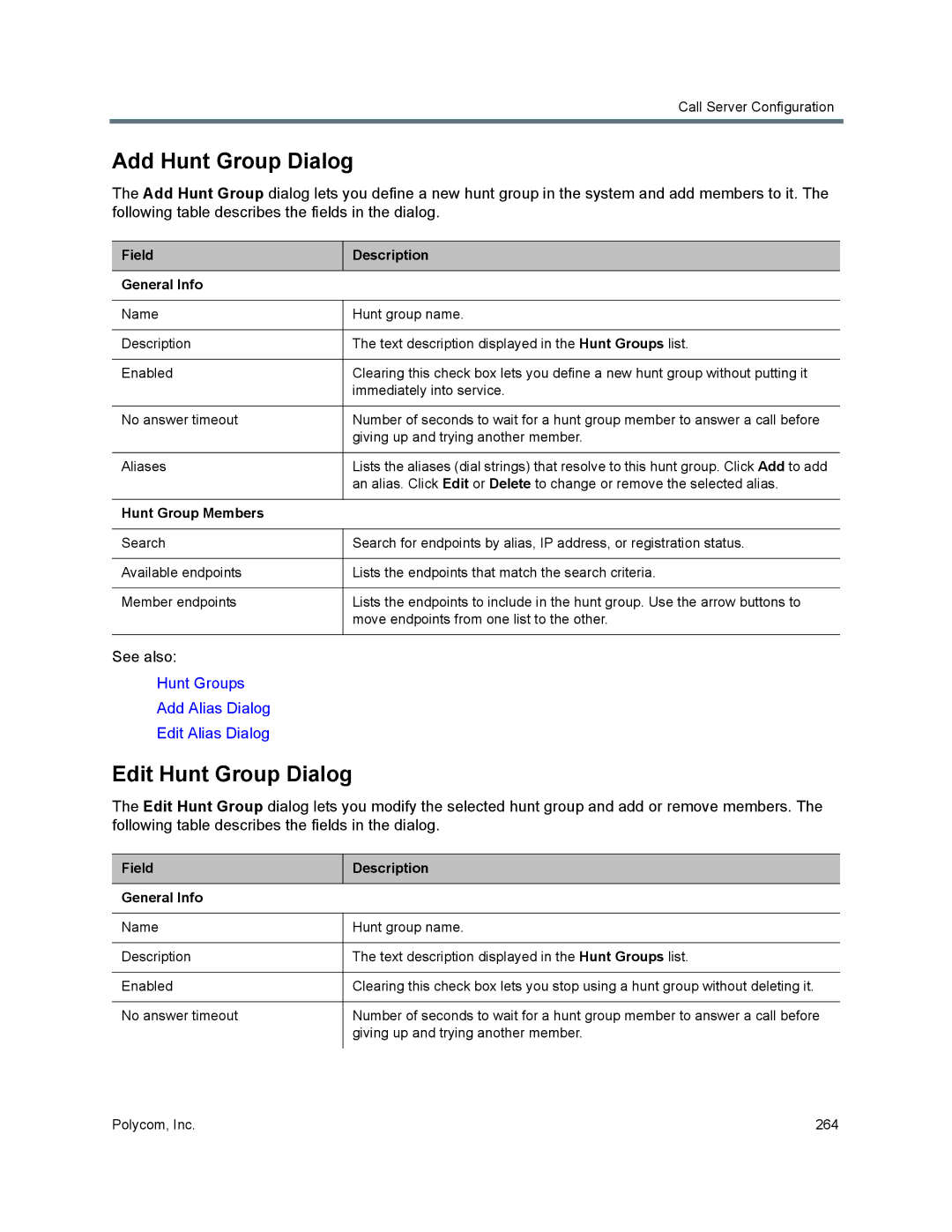 Polycom 7000 manual Add Hunt Group Dialog, Edit Hunt Group Dialog, Field Description General Info, Hunt Group Members 