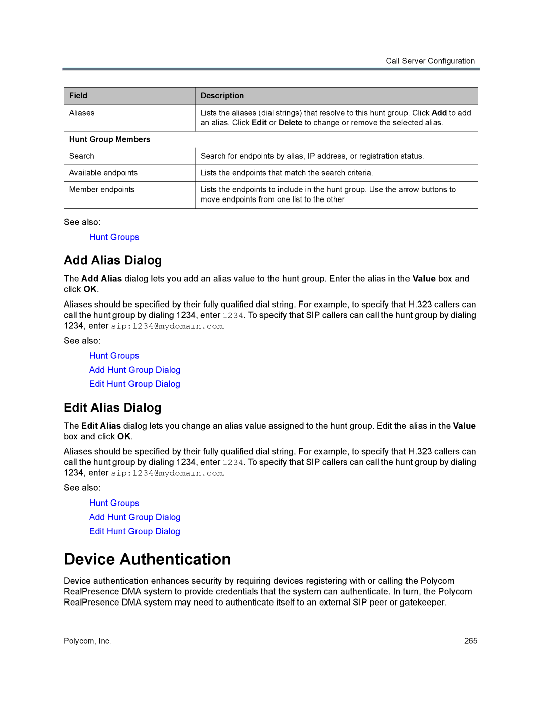 Polycom 7000 manual Device Authentication, Field Description 