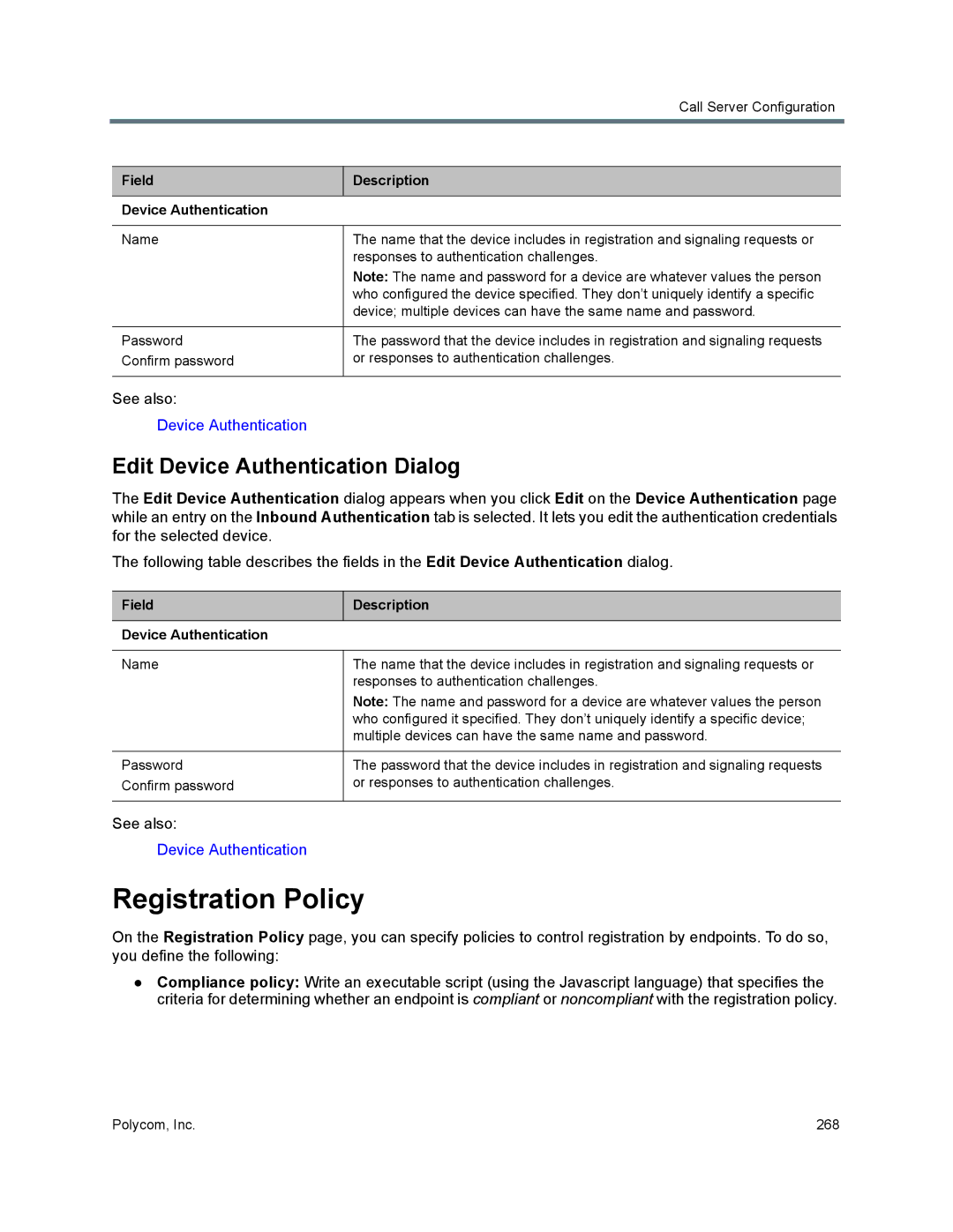 Polycom 7000 manual Registration Policy, Edit Device Authentication Dialog, Field Description Device Authentication 