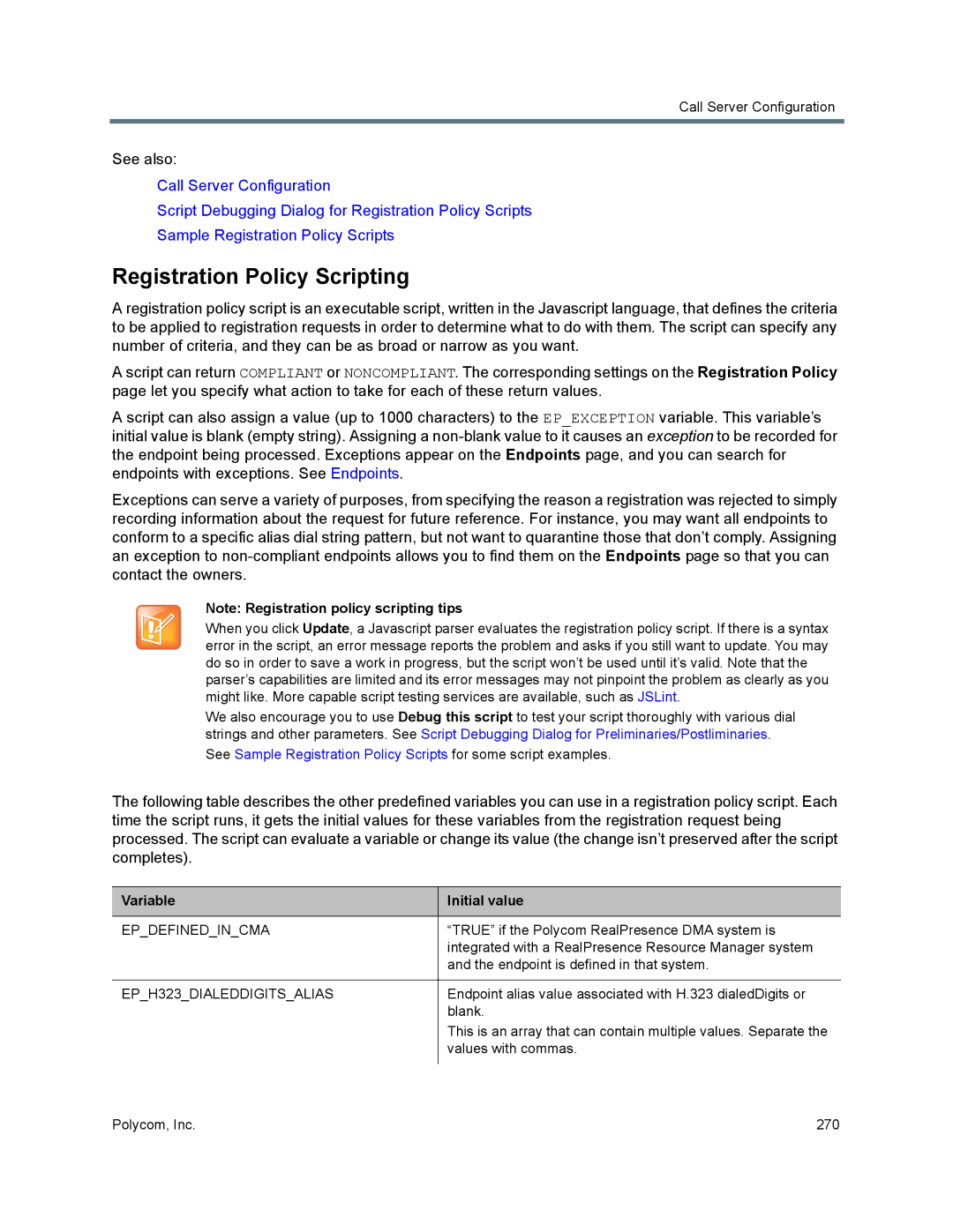 Polycom 7000 manual Registration Policy Scripting, Epdefinedincma 