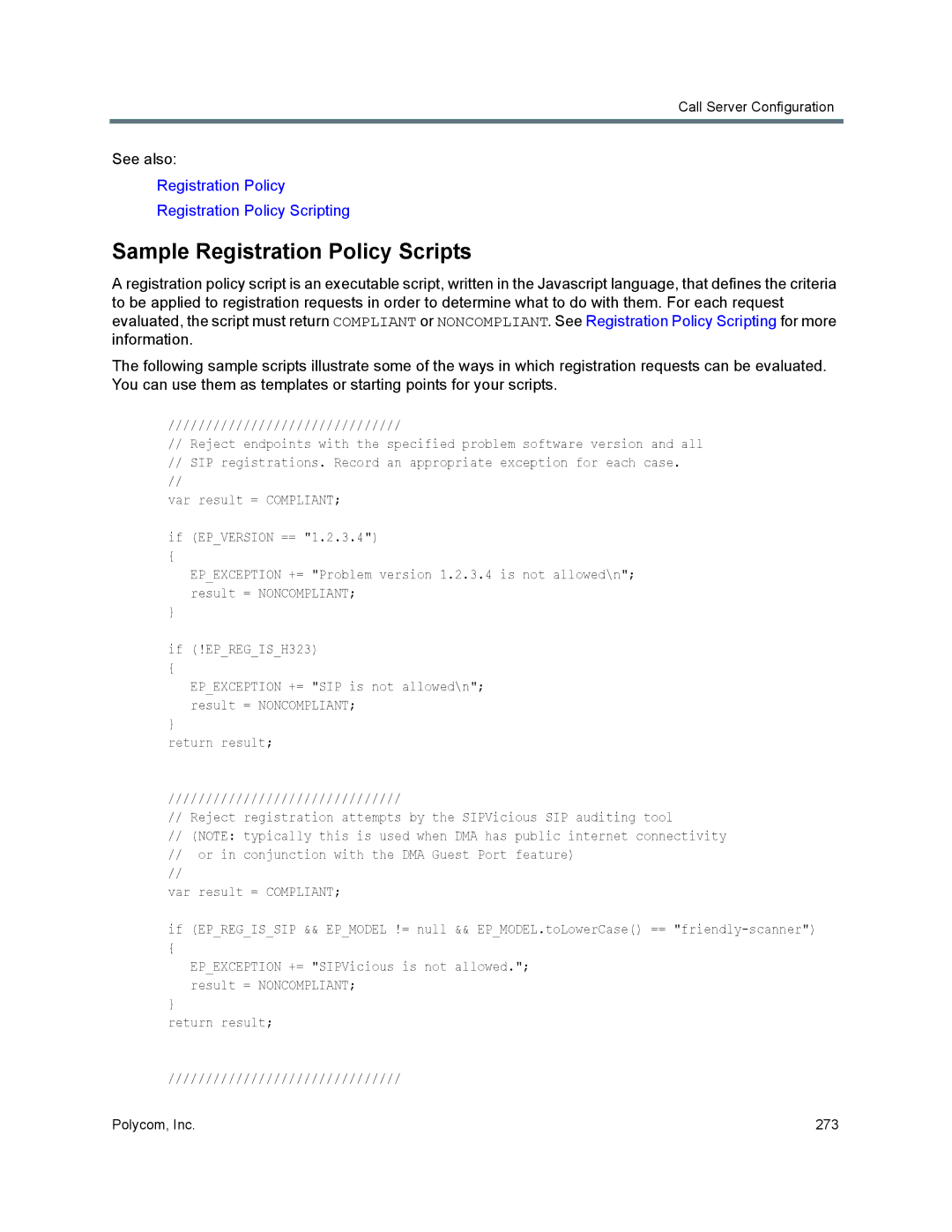 Polycom 7000 manual Sample Registration Policy Scripts 