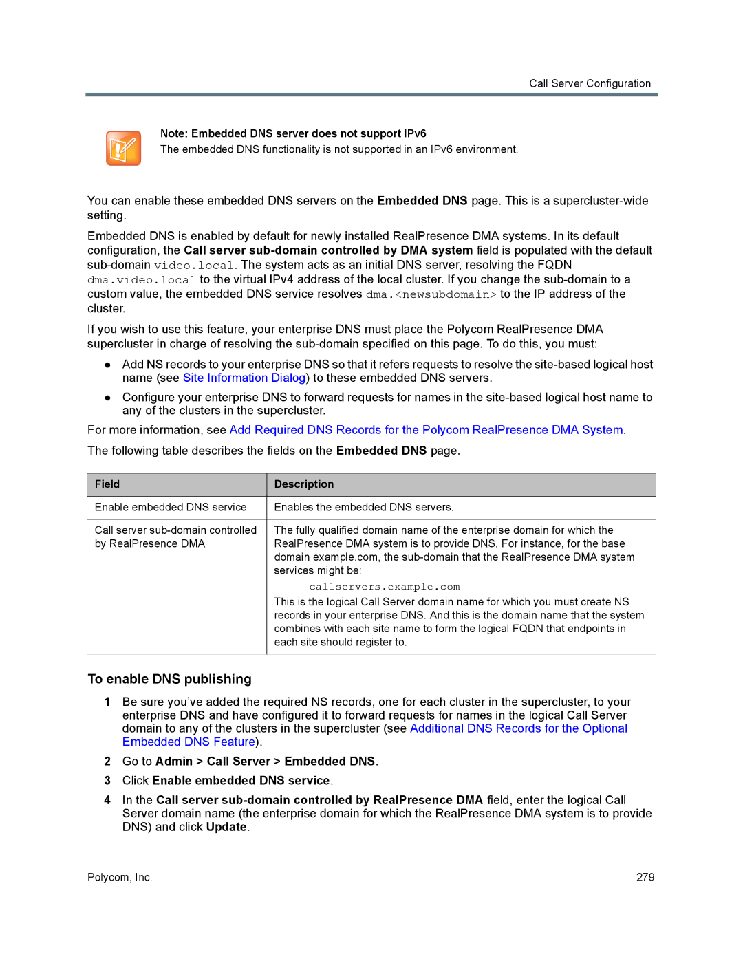 Polycom 7000 manual To enable DNS publishing, Callservers.example.com 