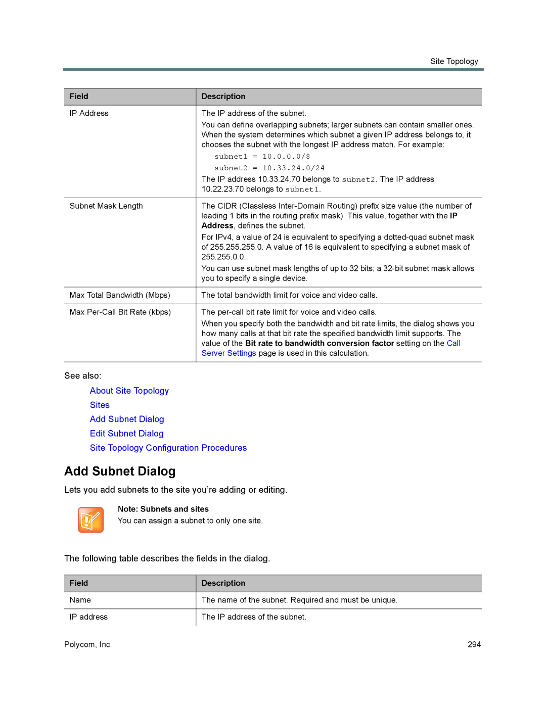 Polycom 7000 manual Add Subnet Dialog, Field 