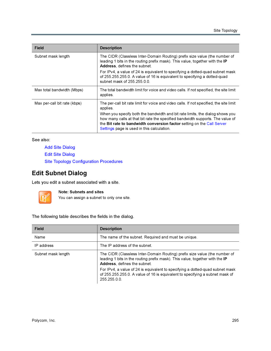 Polycom 7000 manual Edit Subnet Dialog 