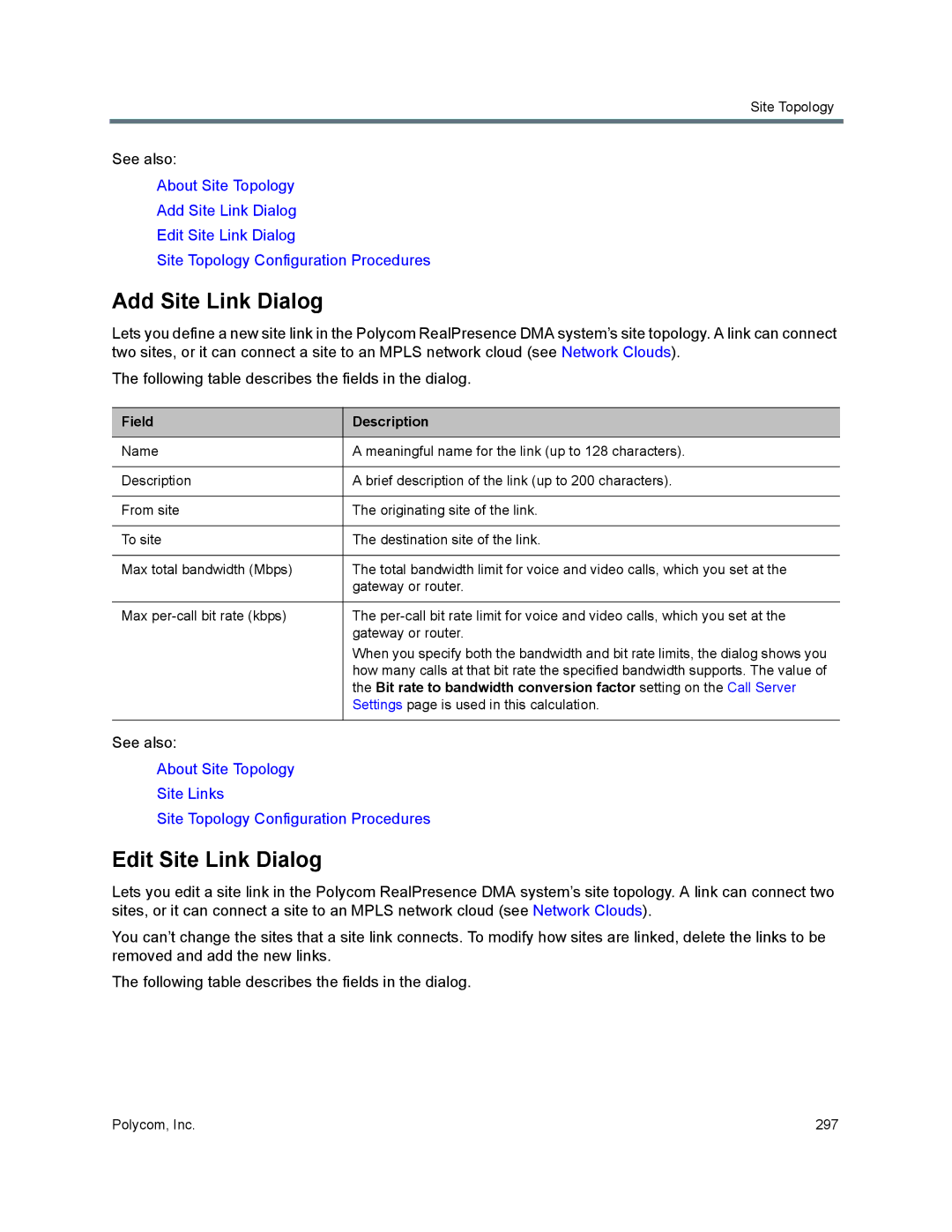 Polycom 7000 manual Add Site Link Dialog, Edit Site Link Dialog 