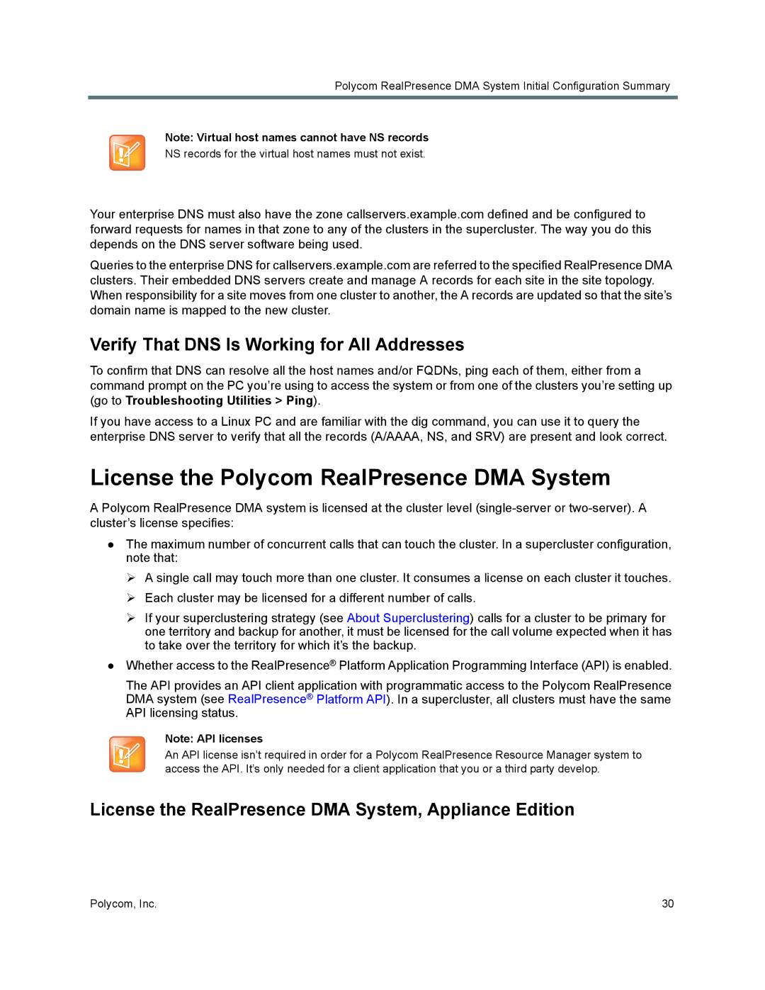 Polycom 7000 manual License the Polycom RealPresence DMA System, Verify That DNS Is Working for All Addresses 